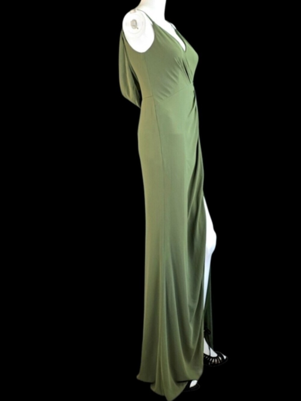 David's Bridal Chiffon Cowl Back V-neck Sheath Dress Martini Olive Color - Picture 2 of 14